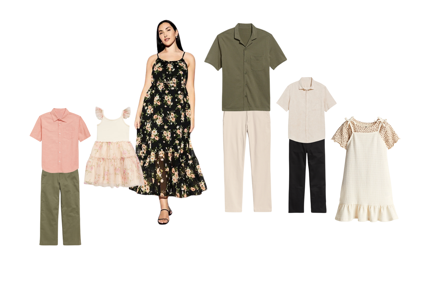 Collection of casual summer clothing items in neutral and floral patterns.