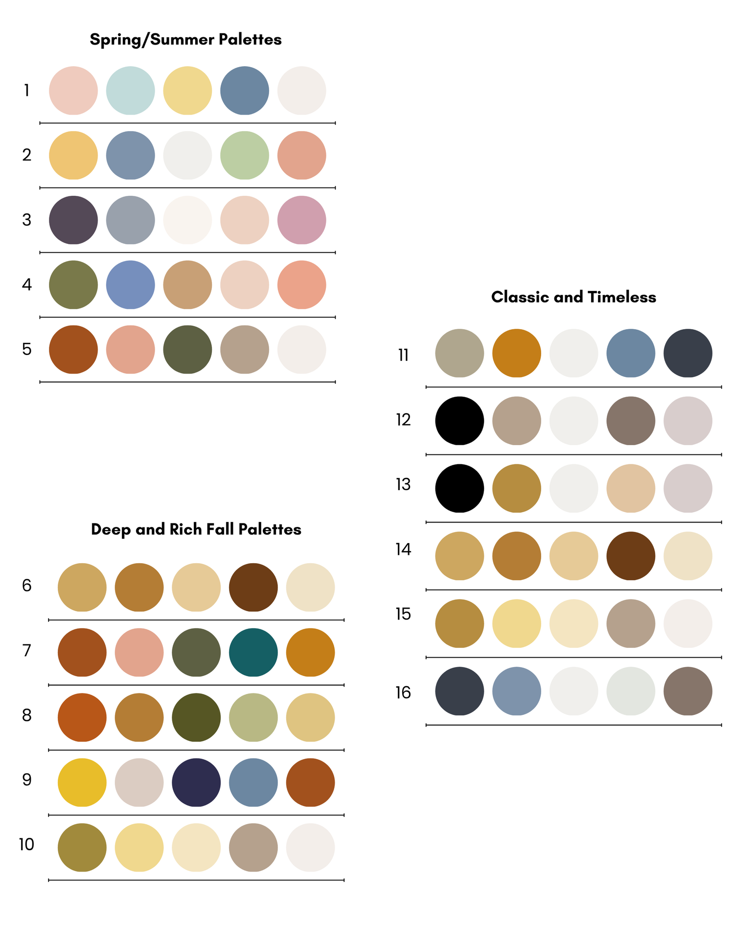 Color palette chart showing various spring and summer color combinations in circular swatches.