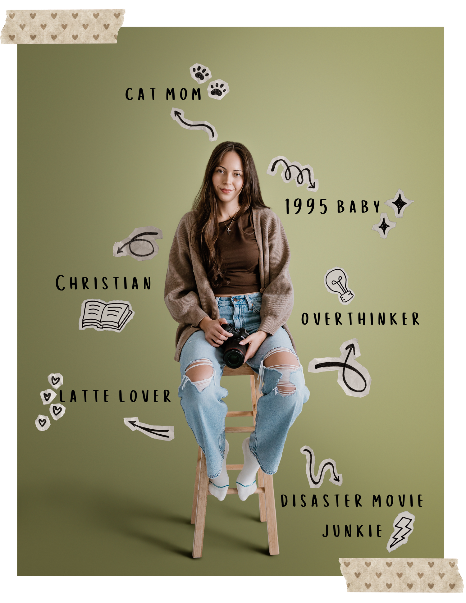 Creative personality profile with hand-drawn icons and text against sage green background.