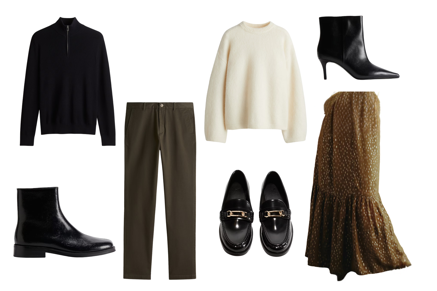 Modern minimalist wardrobe featuring black boots, neutral sweaters, and textured skirts.