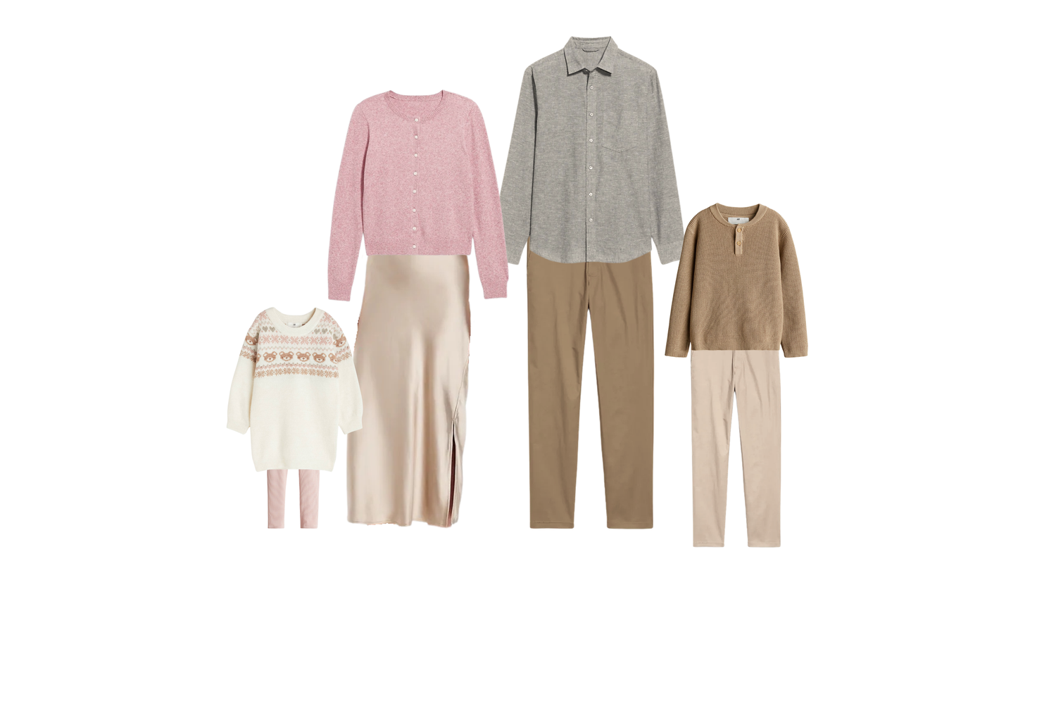 Coordinated neutral-toned clothing collection featuring casual sweaters, pants, and dresses laid out in a grid pattern.