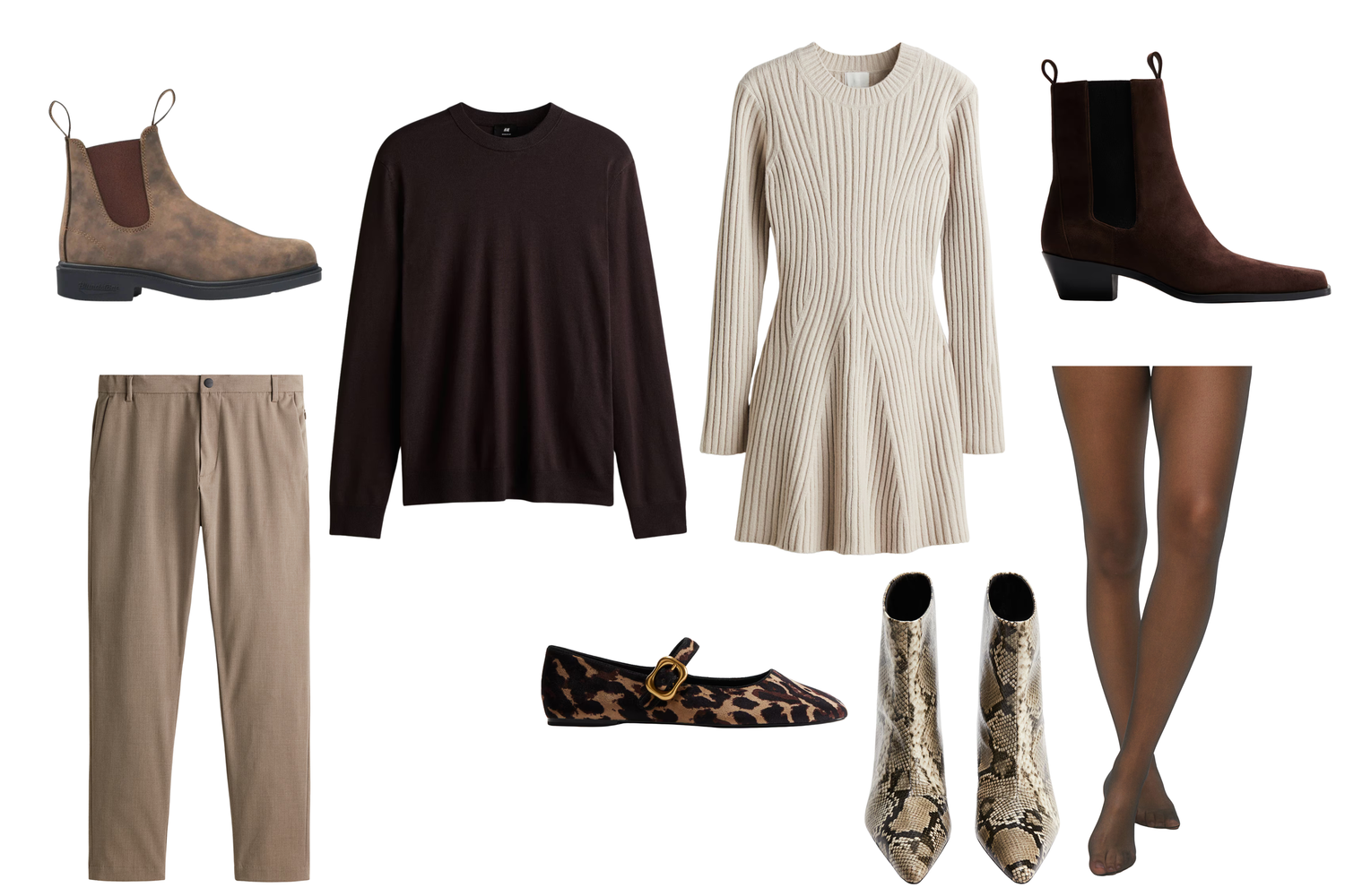 Neutral-toned fashion collection featuring sweaters, pants and footwear.