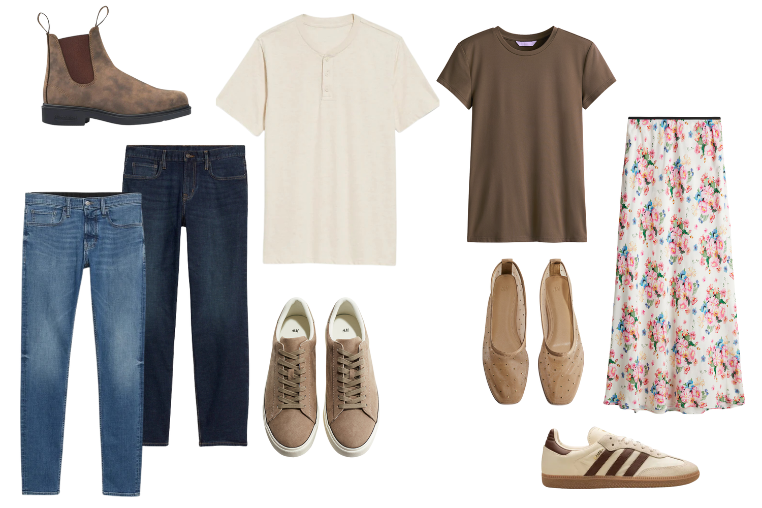 Casual clothing collection with denim, floral skirts, and neutral t-shirts laid out horizontally.