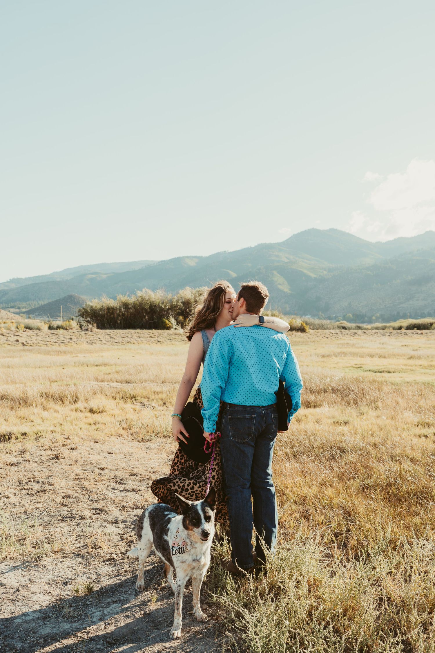 Couple kissing in golden field with dog, mountains in background, man in turquoise shirt, woman in floral dress.