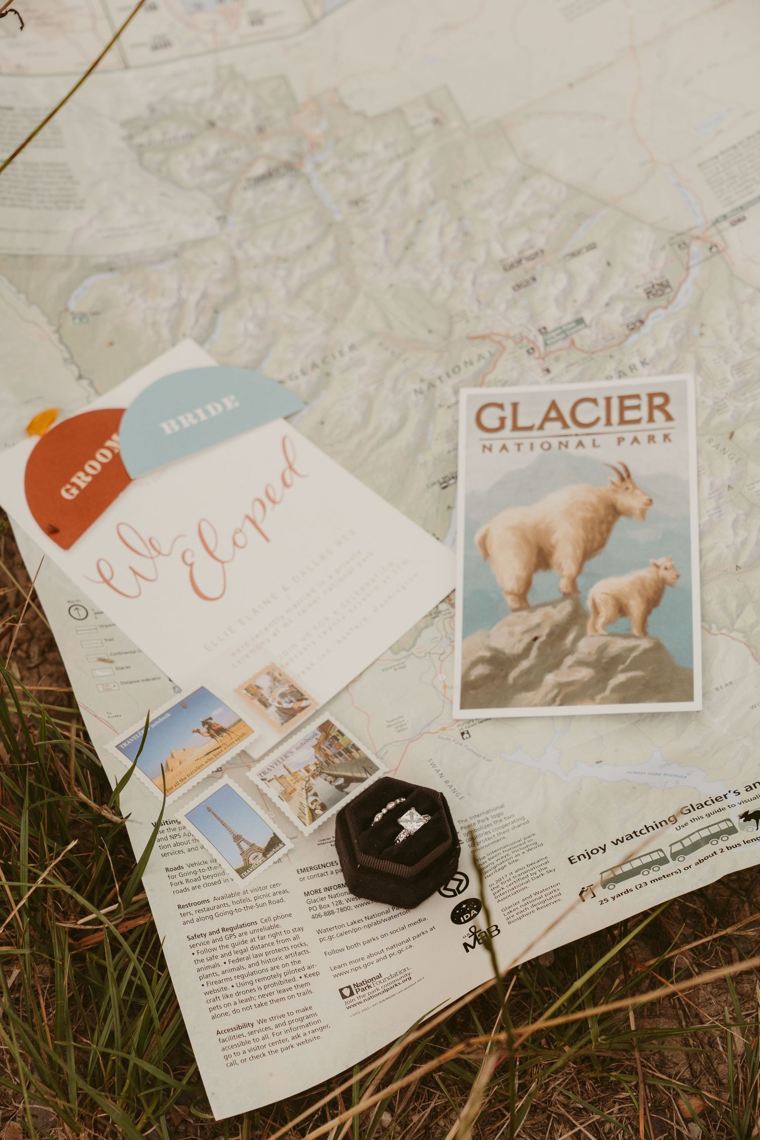 A collection of national park brochures and maps scattered on grass with a small black box with wedding rings in the center.