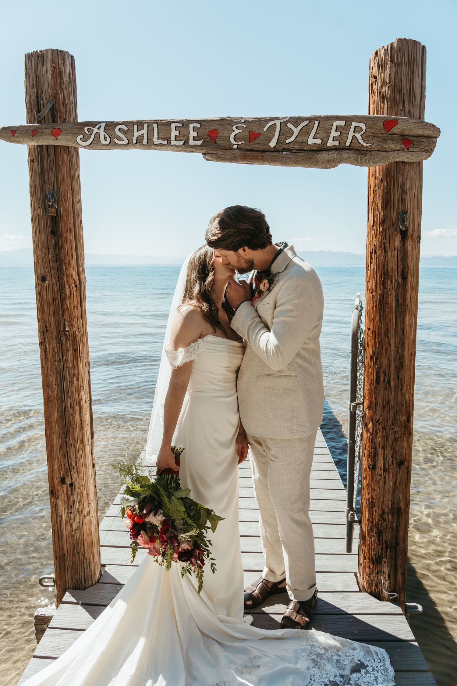Newlywed couple sharing romantic kisses on wooden beach pier in multiple artistic wedding photo poses.