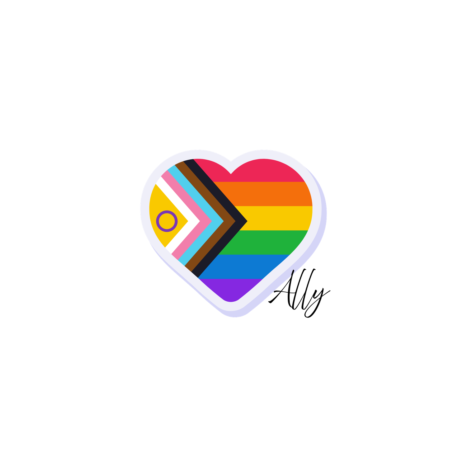 Heart-shaped Progress Pride flag sticker with rainbow colors, chevron design, and Ally text on white background.