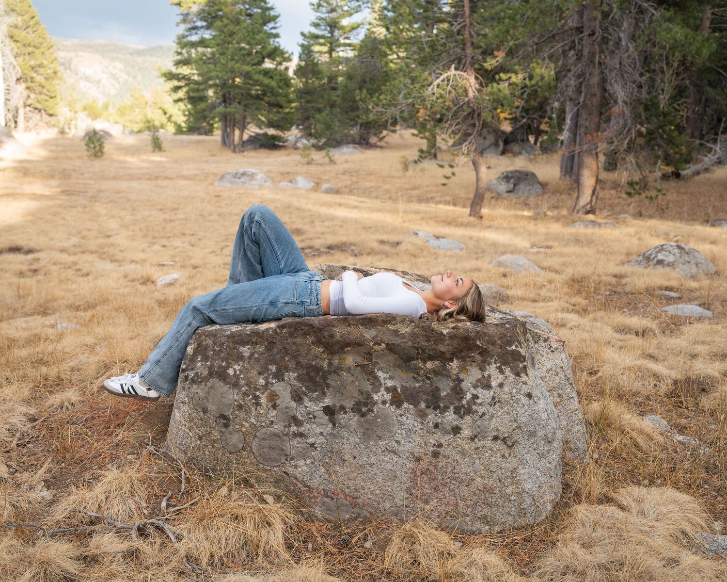 A person rests on a large granite boulder in a sun-dappled forest clearing during a peaceful afternoon hike.