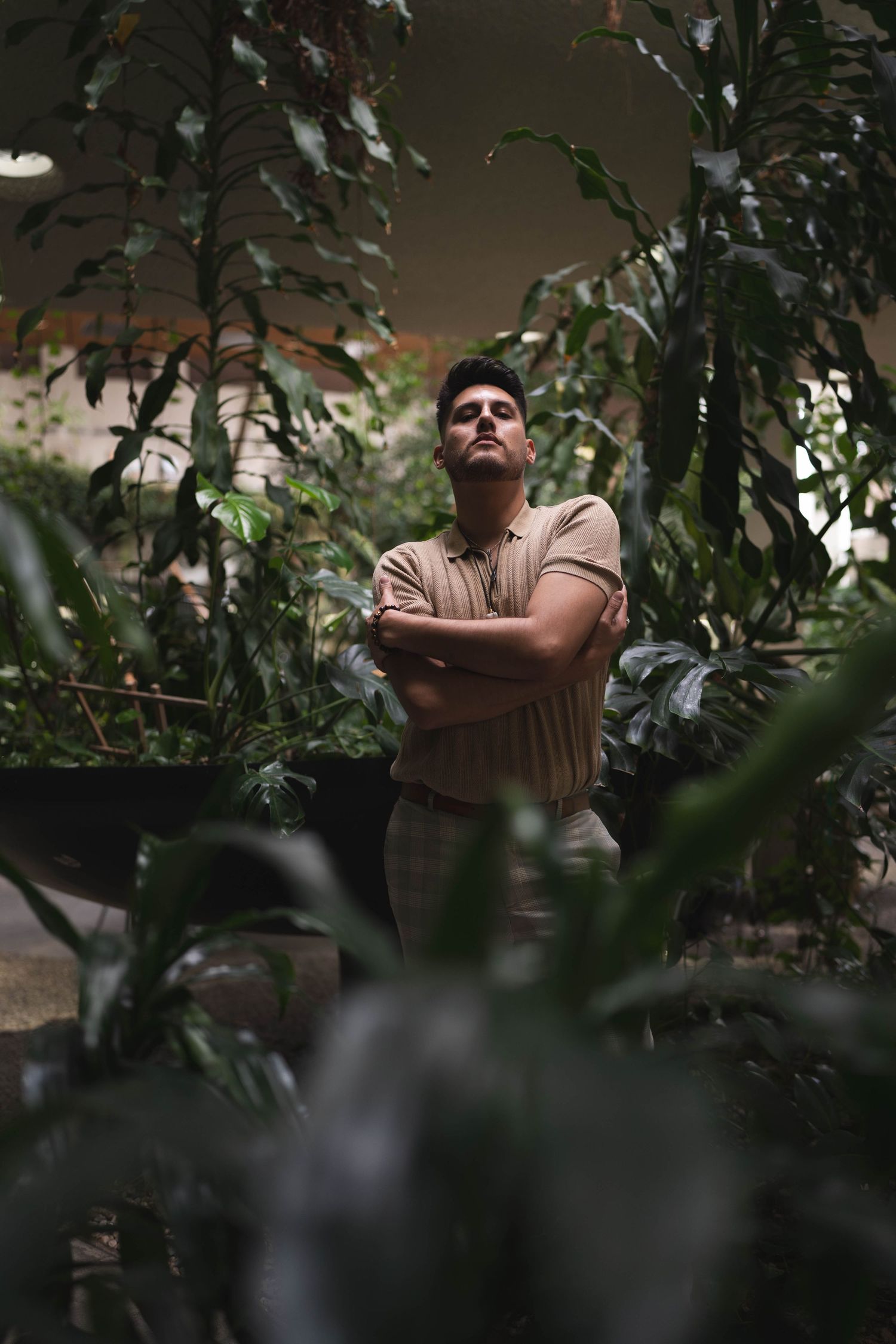 A person stands among lush green foliage in a garden or greenhouse setting, creating a serene natural atmosphere.
