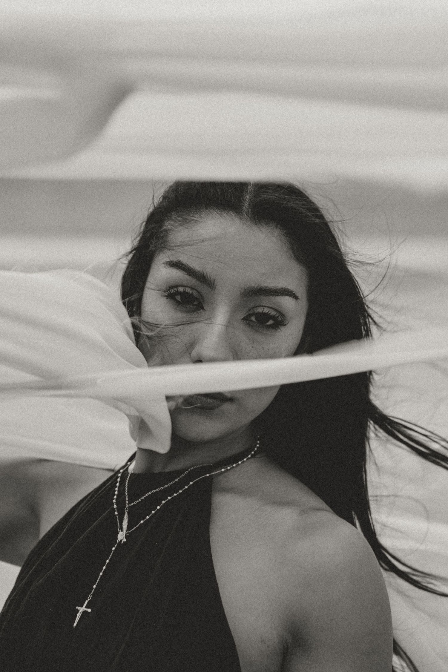 Black and white portrait of a young woman with long dark hair, wearing layered necklaces, with fabric blowing across her face.