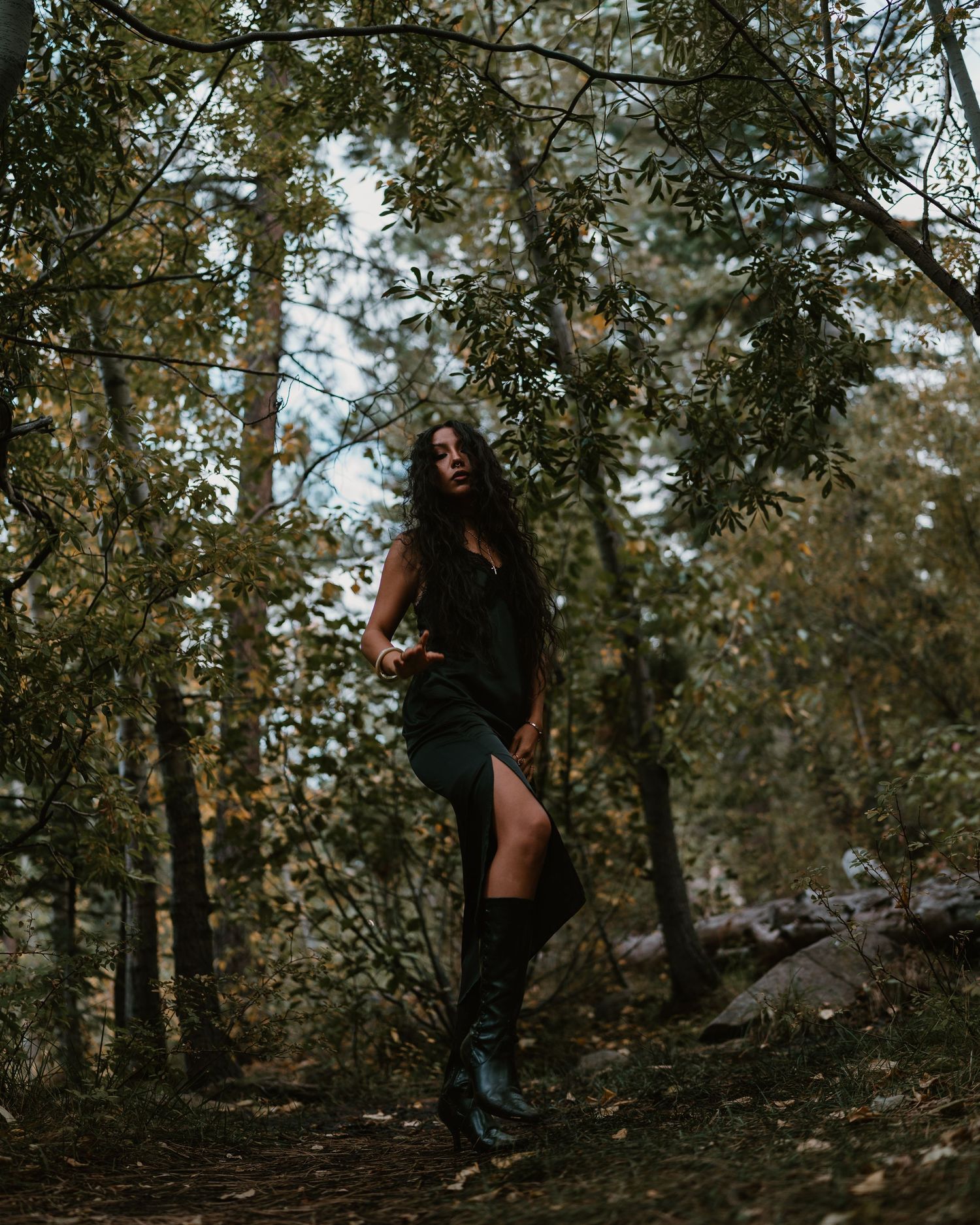 Woman in black dress and knee-high boots poses gracefully among autumn forest trees on a woodland trail.