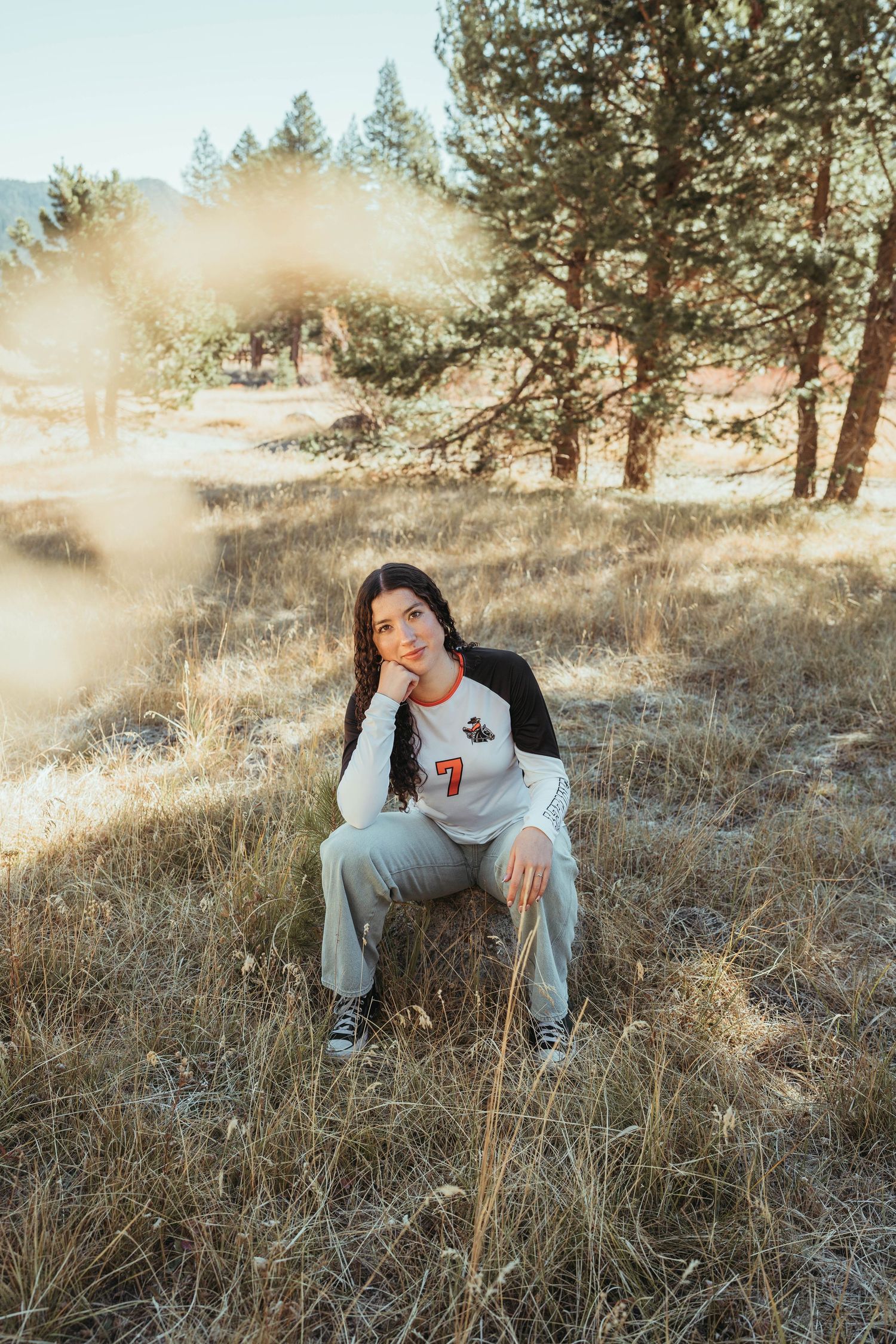Person sits in golden sunlit field wearing casual clothing among tall grass and pine trees in natural outdoor setting.