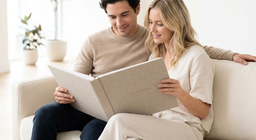 Couple sitting on a cozy sofa together, smiling while looking at a photo album in a bright living room.