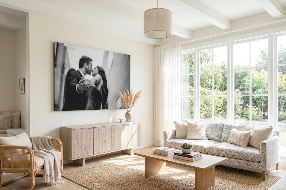 Bright Scandinavian living room with a large black and white wedding photo canvas above a wooden sideboard.