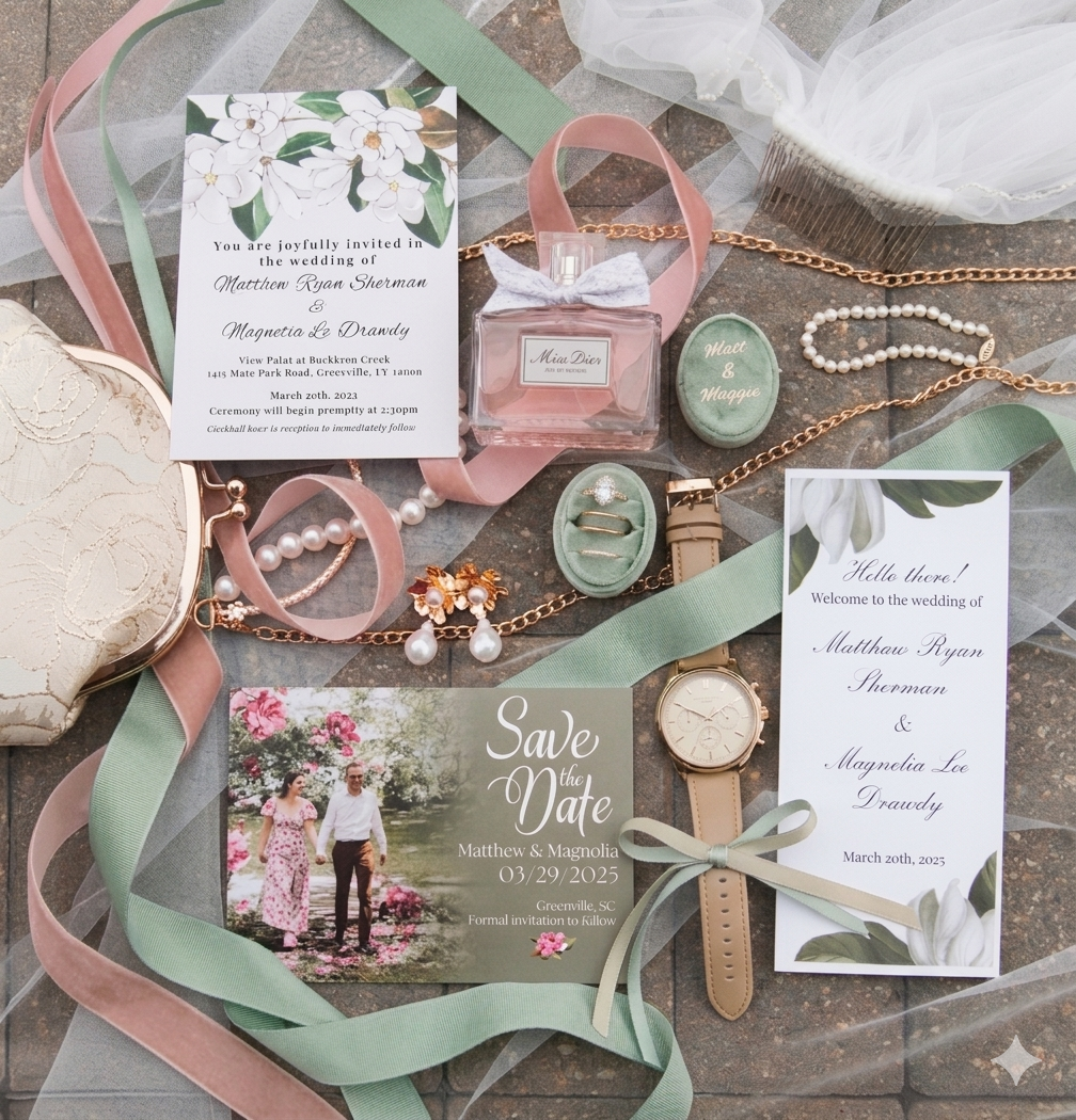 Elegant wedding stationery flatlay with save the date cards, invitations, pink ribbons, perfume, watch, and floral accessories.