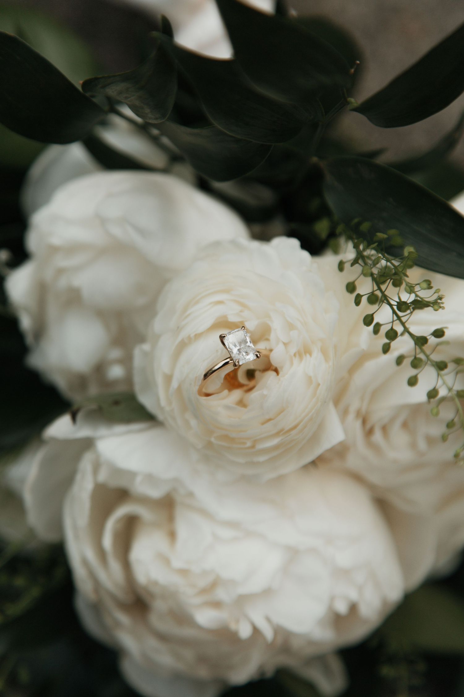 Gold solitaire diamond engagement ring nestled in white garden roses and green foliage bouquet.