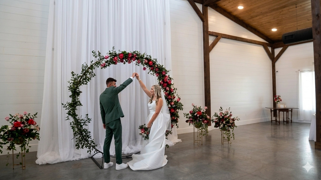Bride and groom dancing under a floral circular arch with red roses in an elegant white wedding venue.