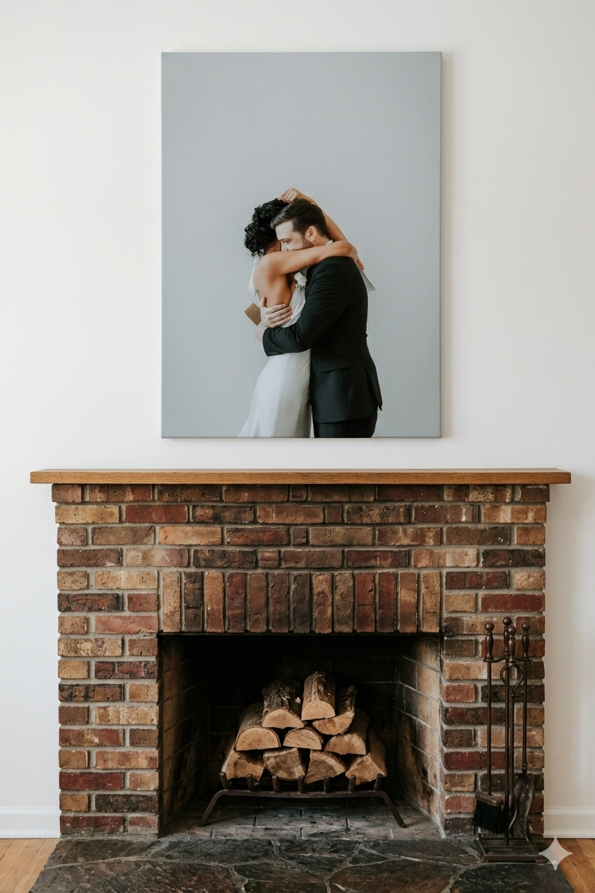 A wedding couple embracing in a canvas print displayed above a rustic brick fireplace with stacked logs.