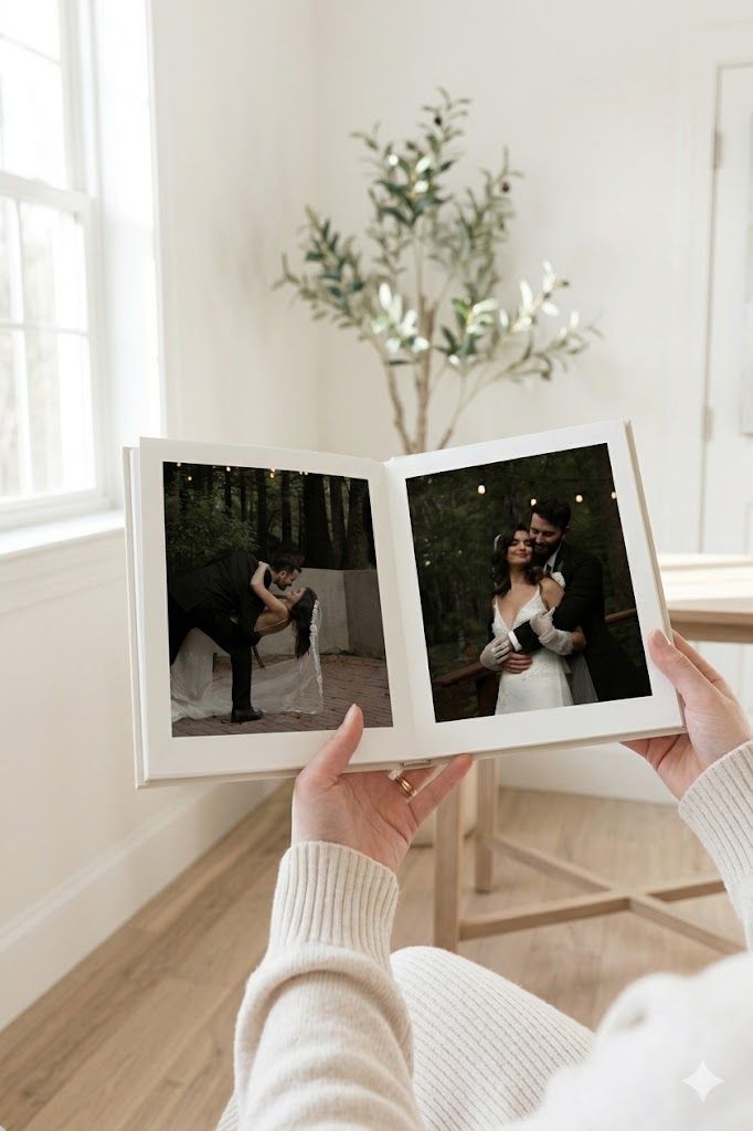 Person holding open wedding photo album showing couple dancing and embracing, displayed in bright minimal home setting.