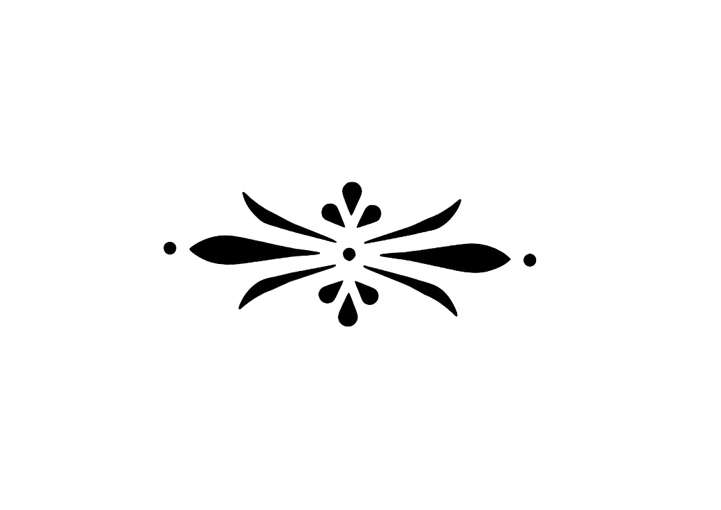 Black decorative floral divider ornament with symmetrical leaf and dot design on white background.