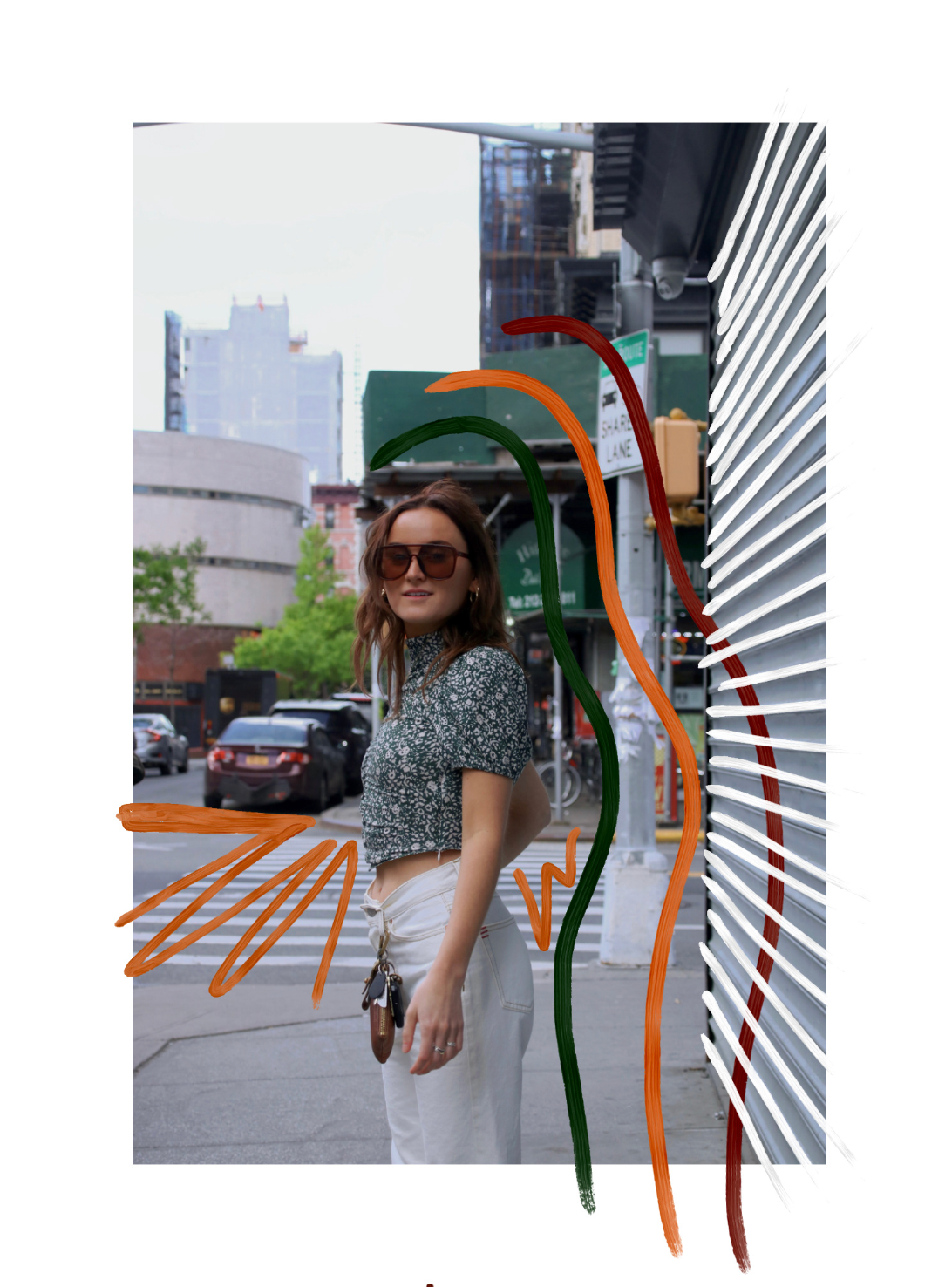 Woman in NYC street scene with bold orange and green abstract brushstroke art overlay.
