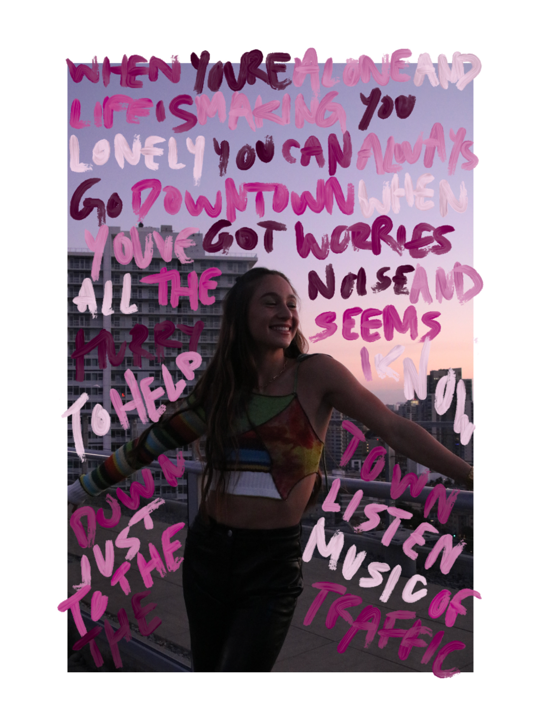 Woman dancing on rooftop at sunset with pink handwritten Downtown song lyrics overlaid.