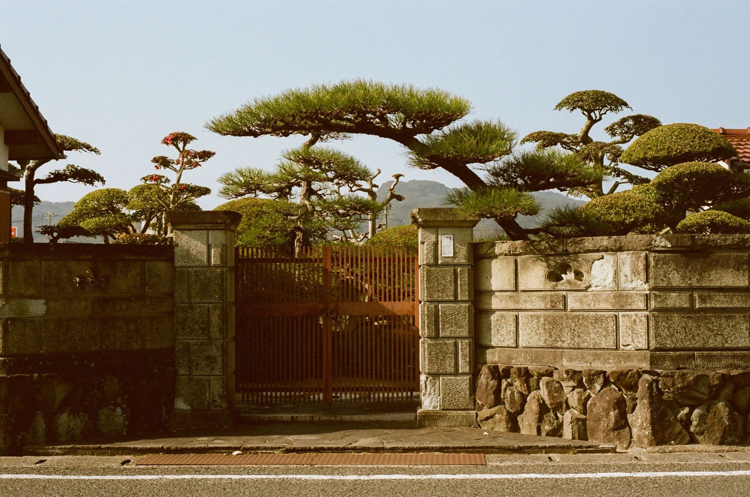 Traditional Japanese gate with ornamental pine trees and stone wall sculptures in a serene garden setting.