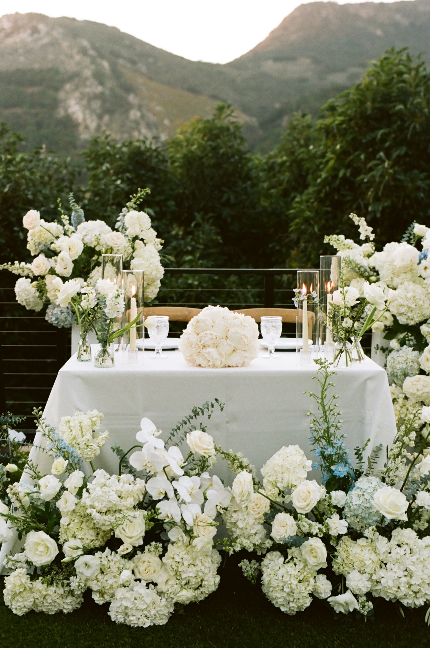Lush white floral sweetheart table with hydrangeas and roses, set against stunning mountain backdrop outdoors.