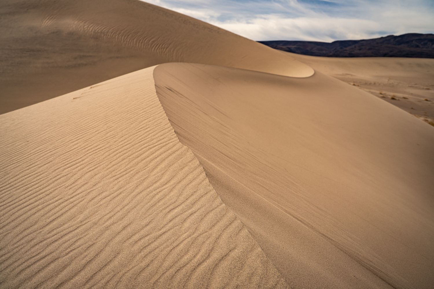Close-up of rippled sand dune texture with sharp ridge line and mountains visible under cloudy sky.