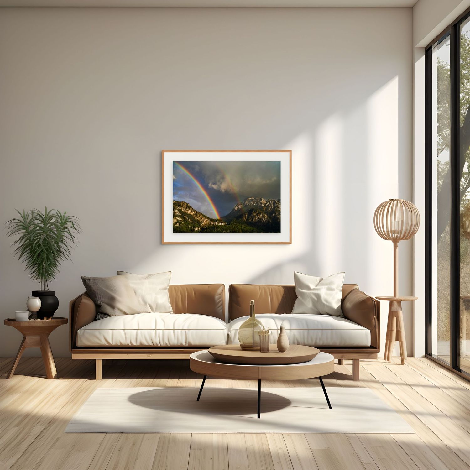 Modern living room with framed rainbow mountain landscape art above a neutral toned sofa.