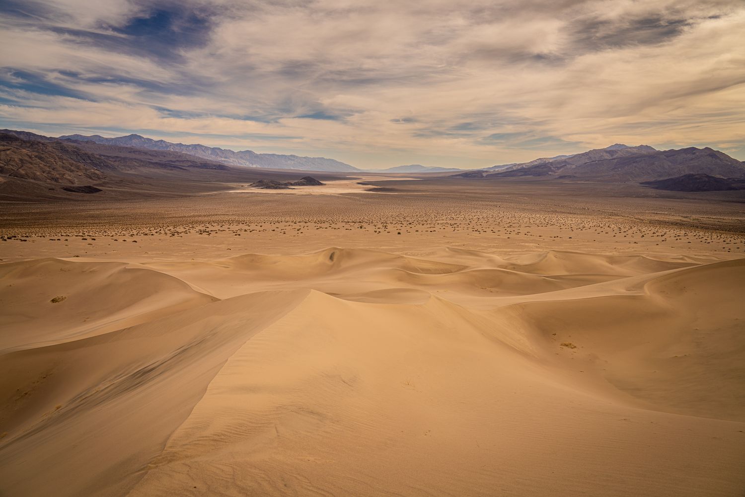 Panoramic view of expansive golden sand dunes extending toward distant mountain ranges under dramatic clouds.
