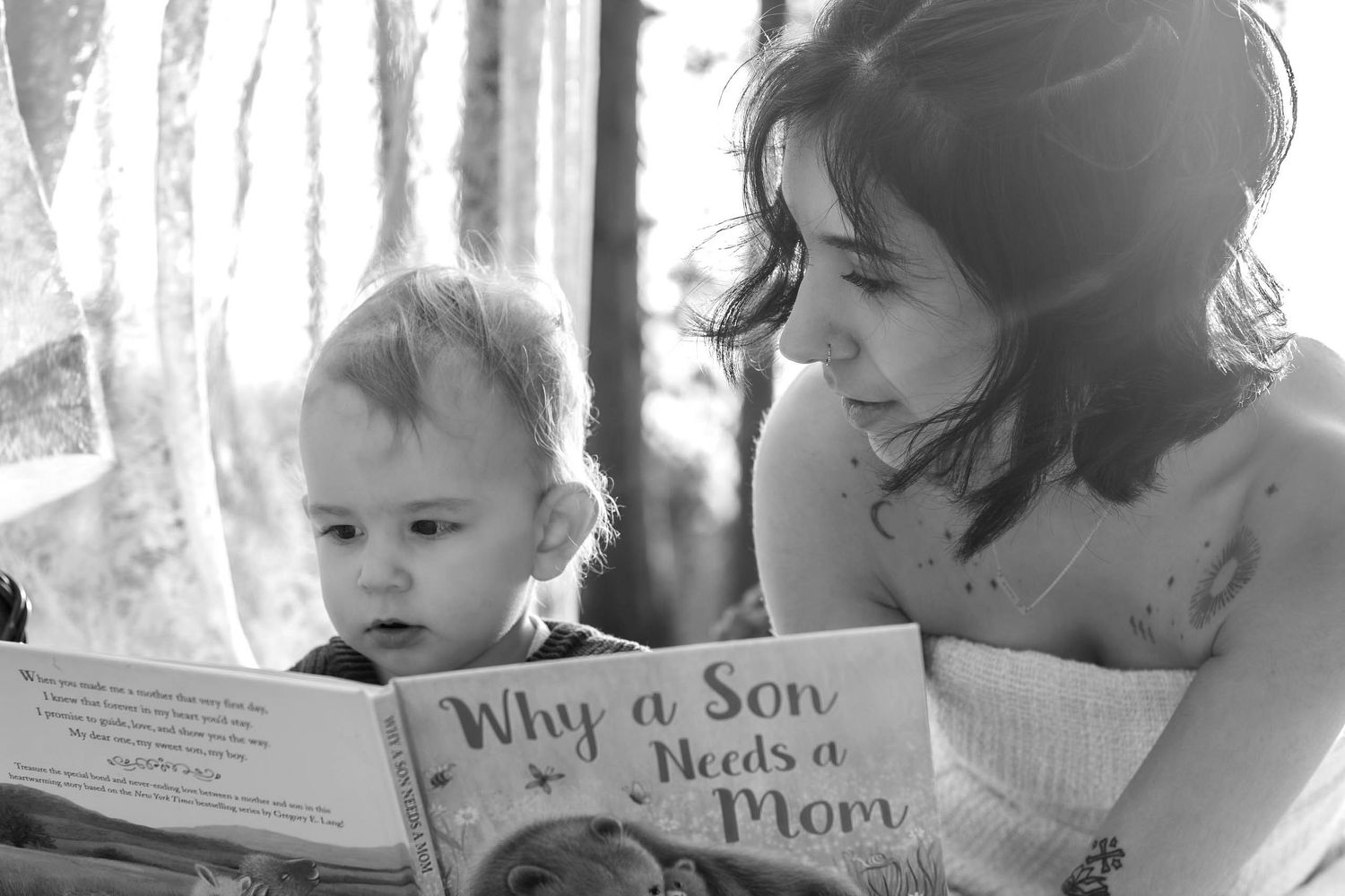 A collection of black and white photographs showing children reading books and sharing stories together.