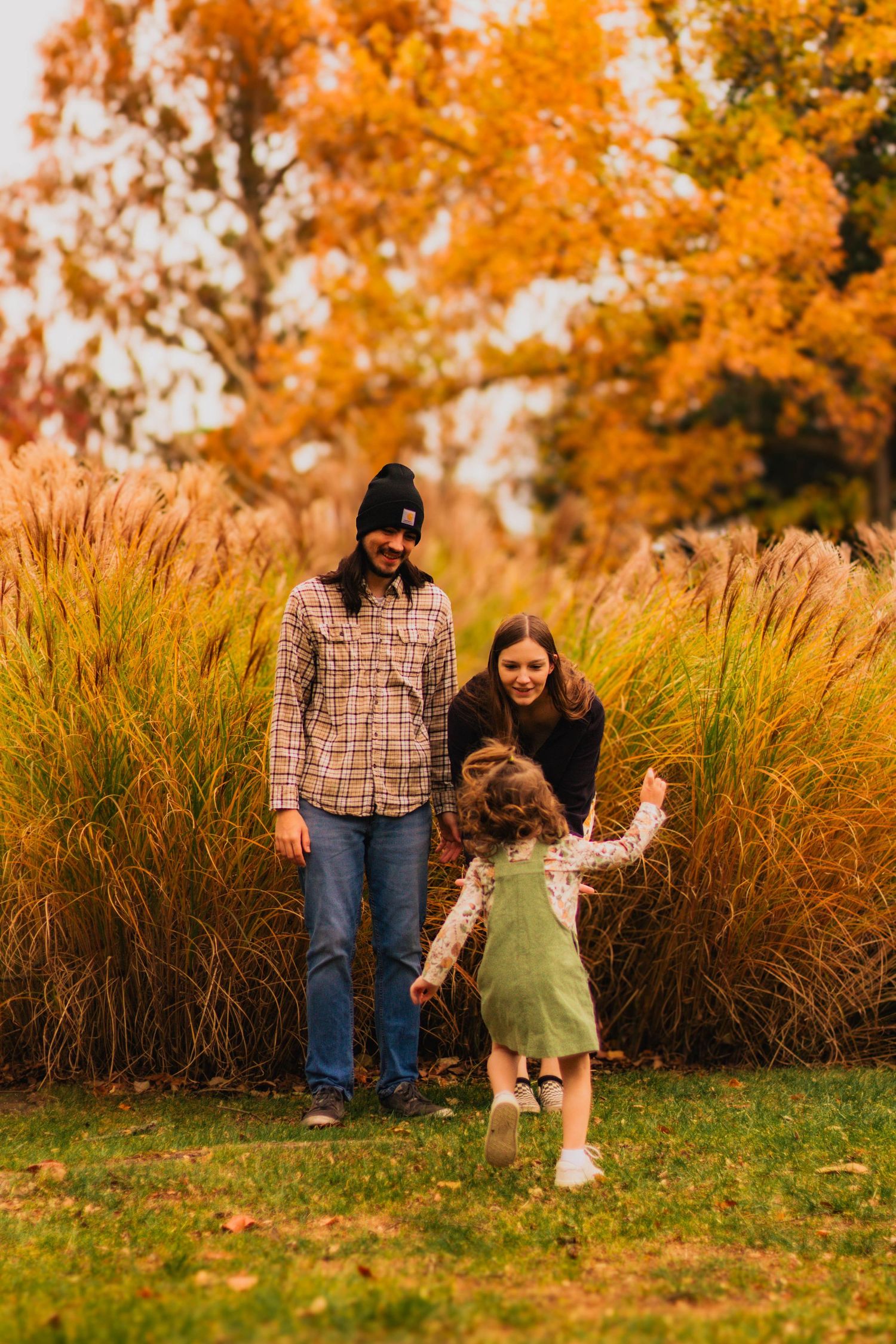 A family plays together among tall ornamental grasses during golden hour in autumn.