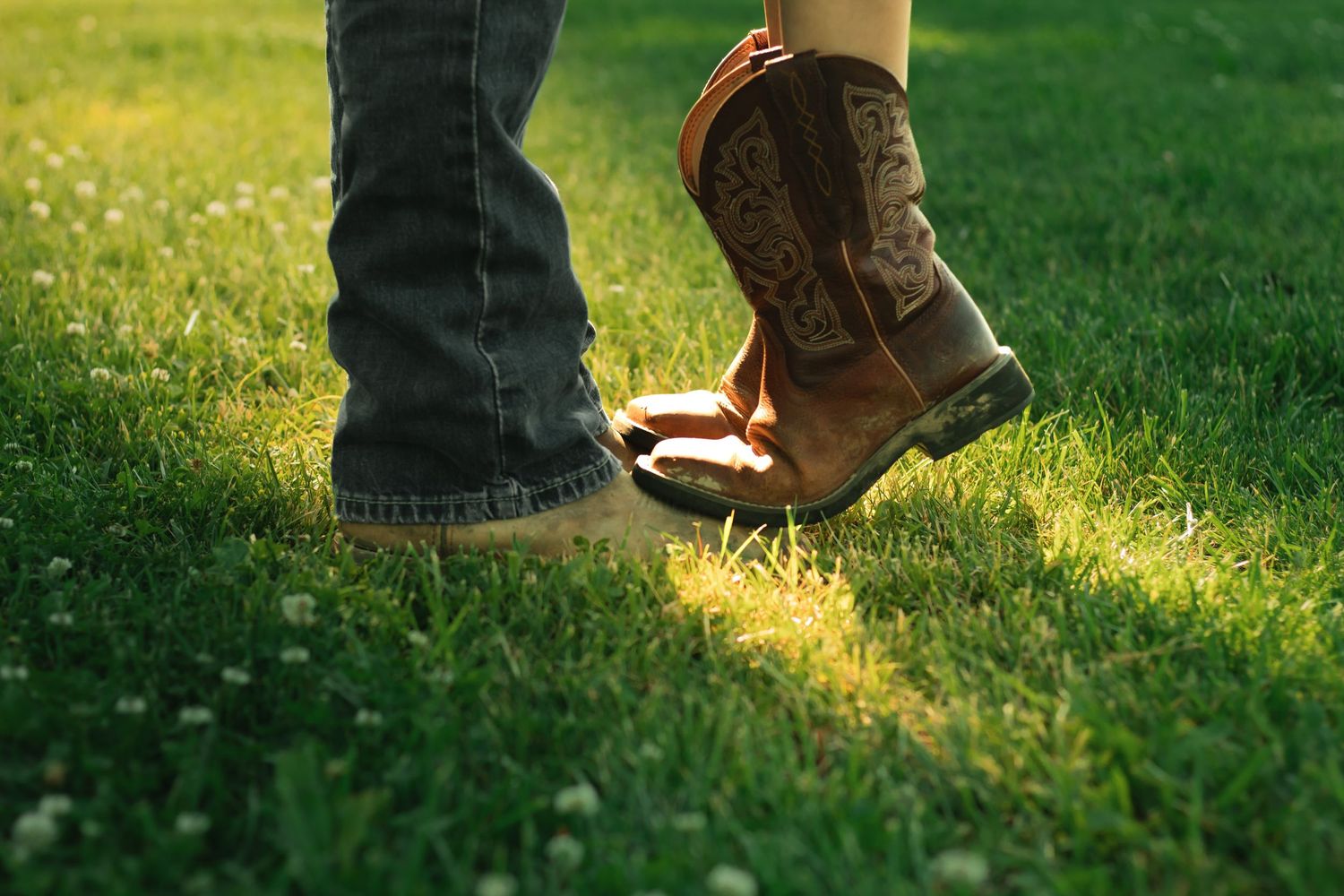 Close-up of cowboy boots and jeans standing on lush green grass in warm sunlight.