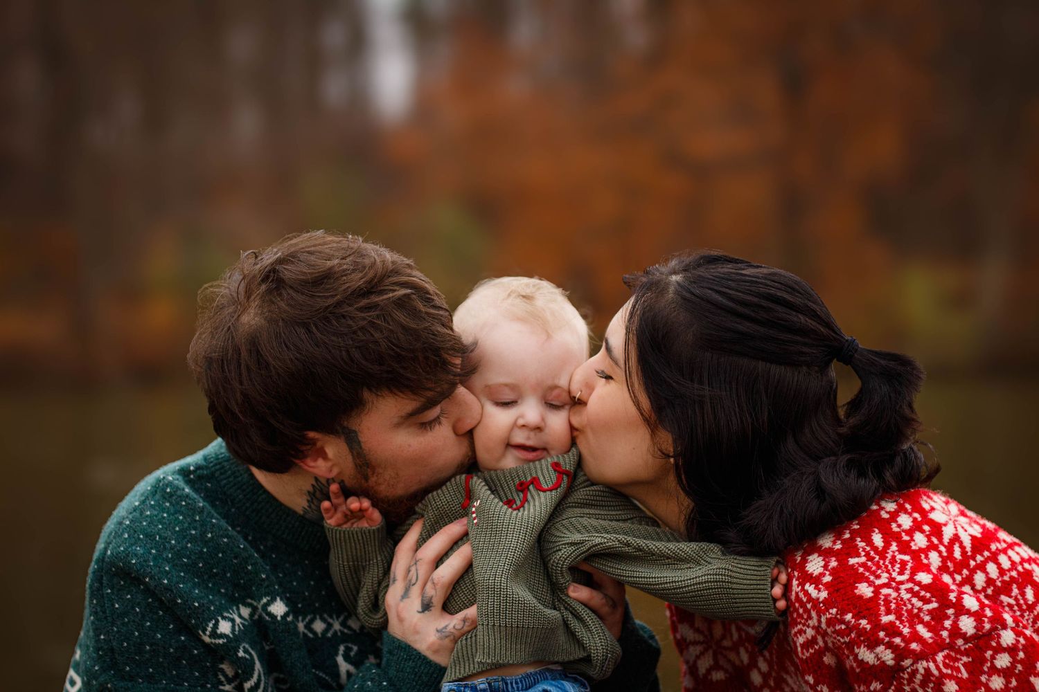 Romantic autumn photoshoot sequence with red dress against fall foliage.