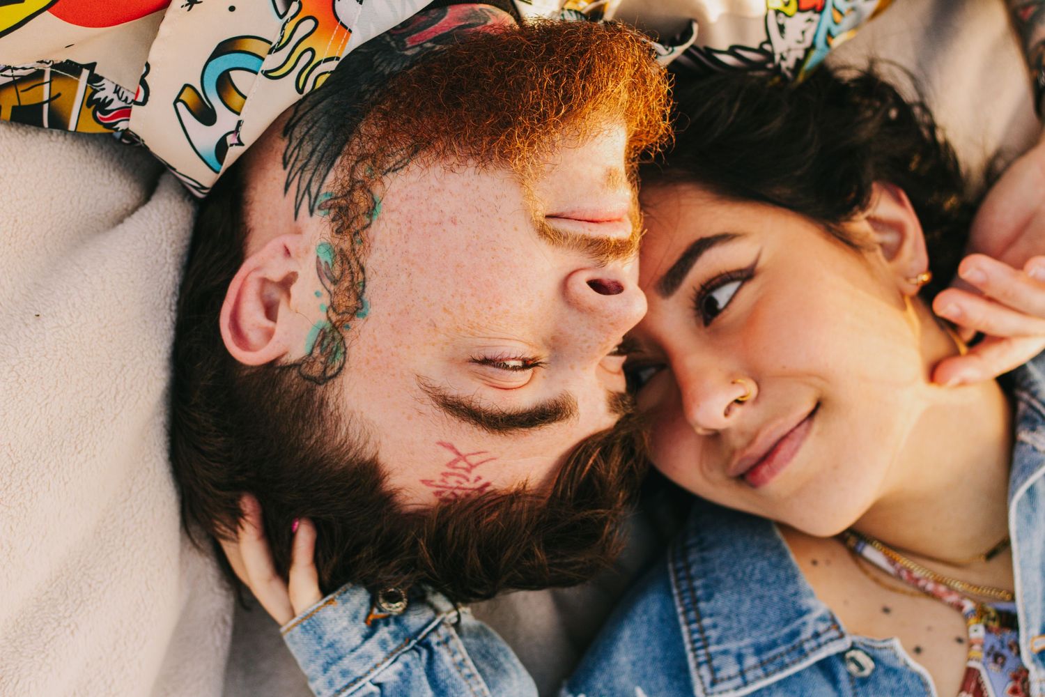 Close-up romantic moments captured with colorful tropical shirt details.