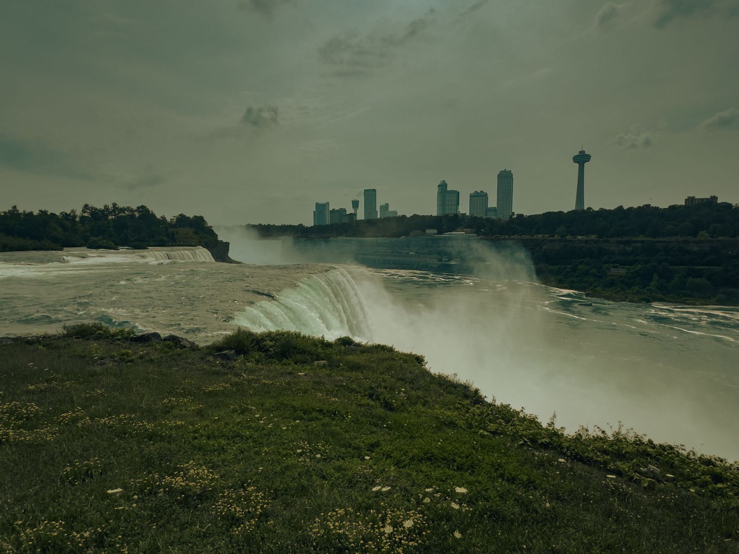 Panoramic view of Niagara Falls with lush green grass foreground and urban skyline under cloudy skies.