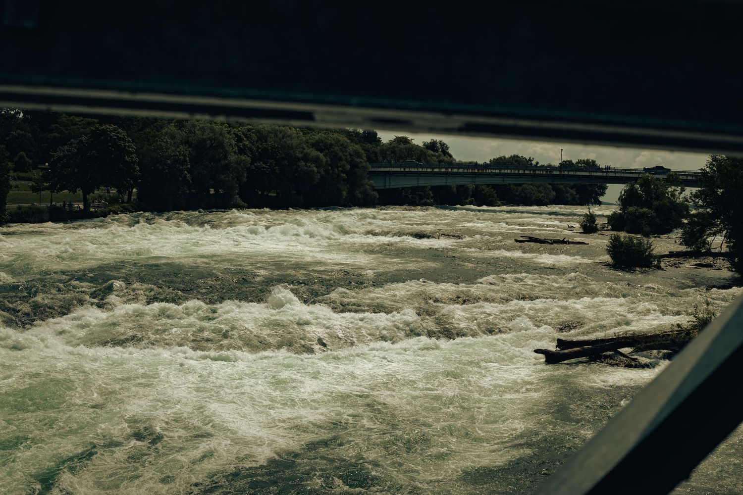 Turbulent white water rapids rushing through a river with lush green trees and a bridge visible in the background.