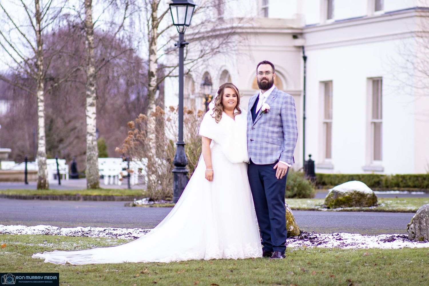 Wedding photography series captured outside a classic white building.