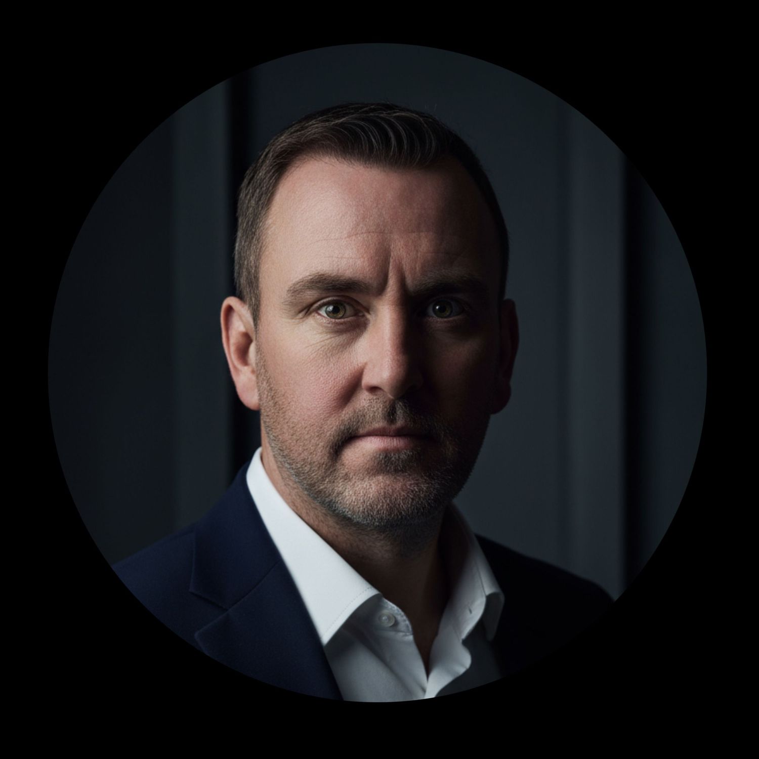 Professional studio portrait series showing different angles and expressions against a dark background.