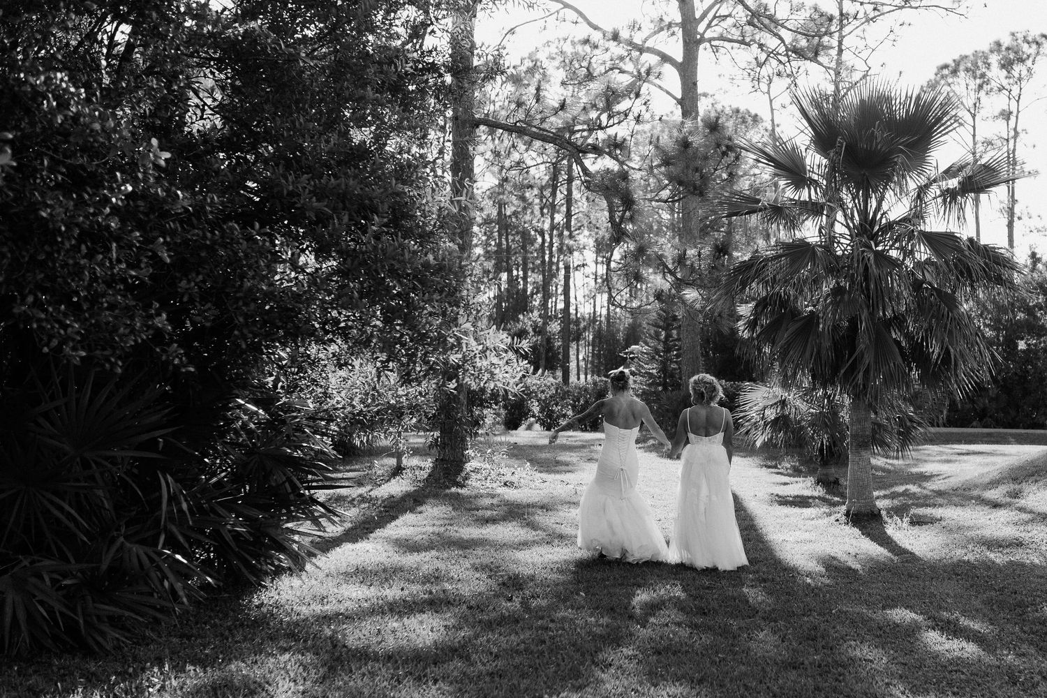 Black and white photo of two brides in white gowns walking hand in hand through a garden.