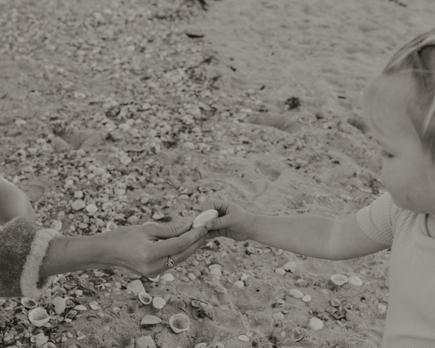 Black and white photo of child reaching for shells in an adult's hand on beach.