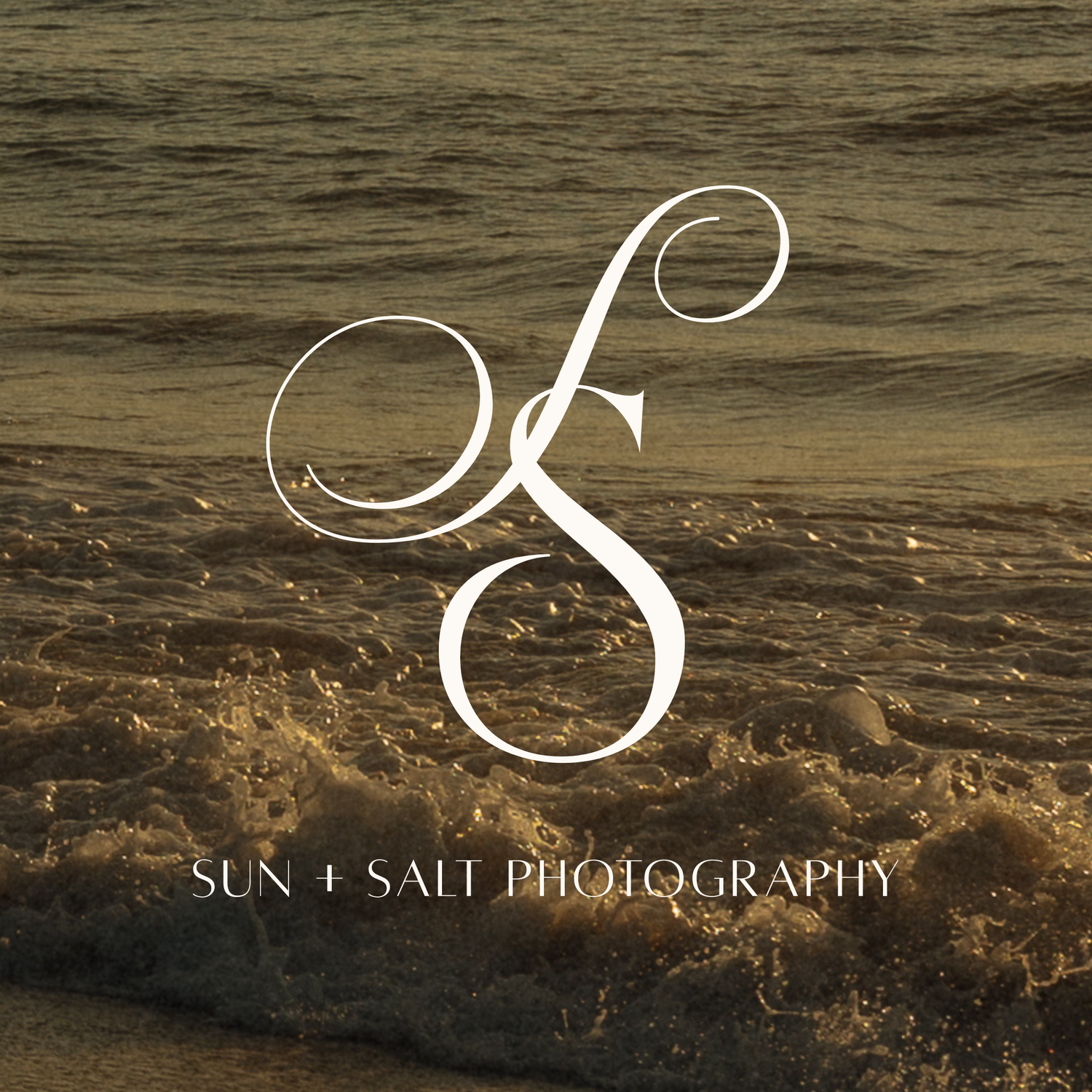 Sun + Salt Photography logo over ocean waves on a sandy beach, featuring elegant cursive SS monogram design.
