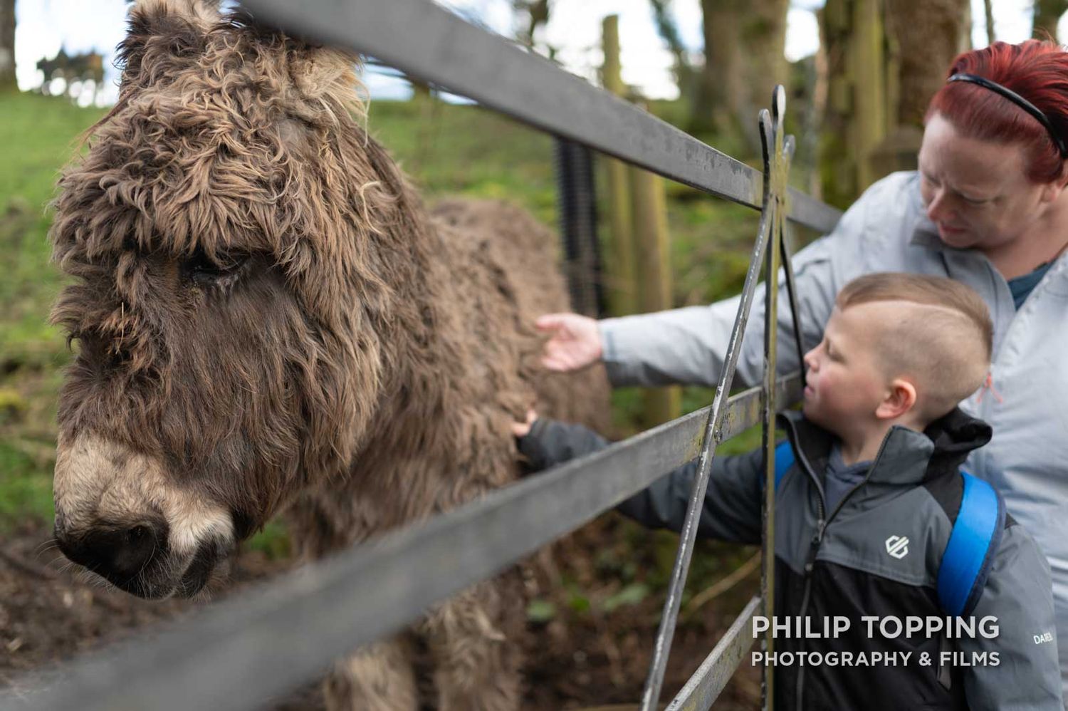 A mother with her son beside a donkey through a gate.