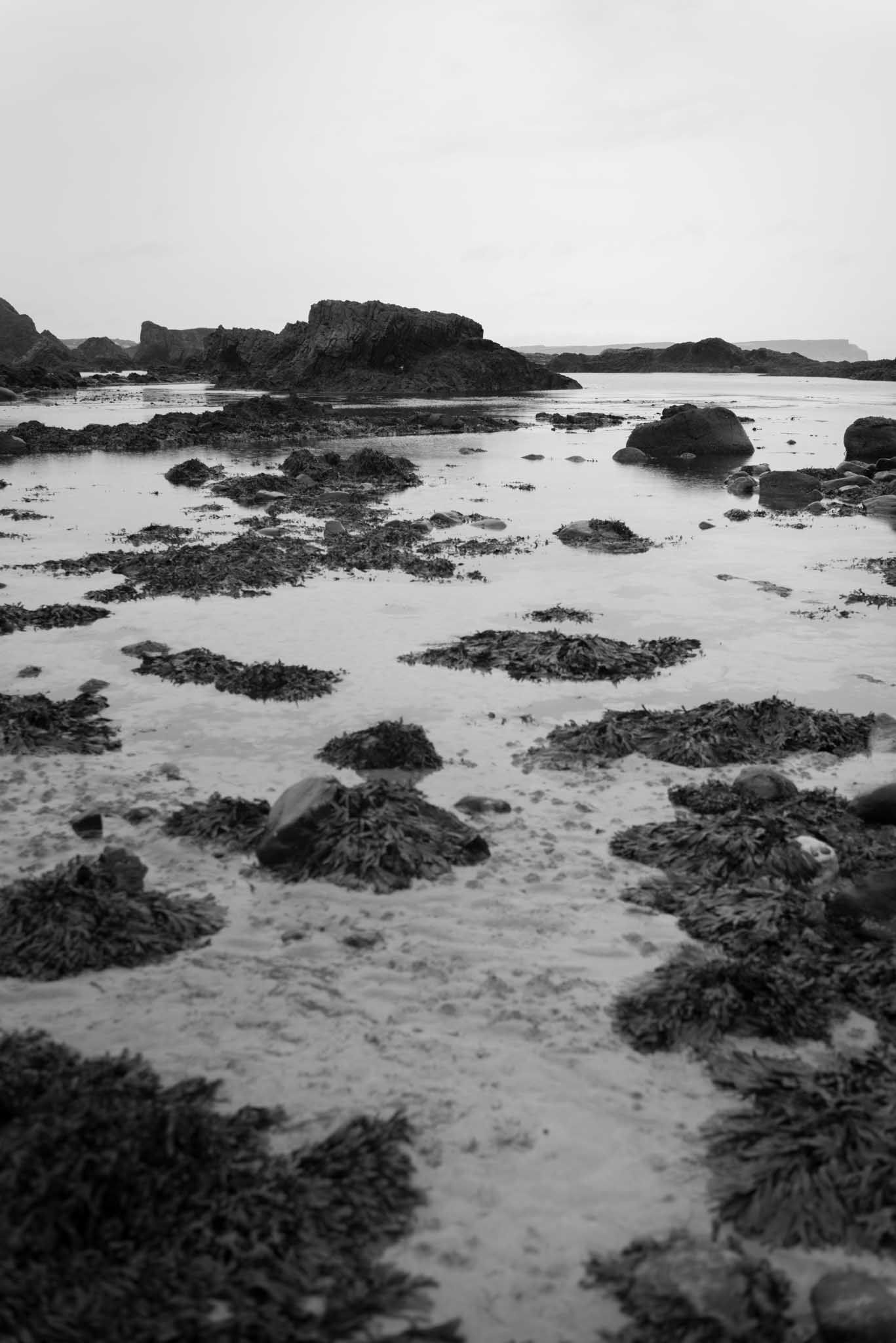 Portrush beach with water and rocks in the foreground.