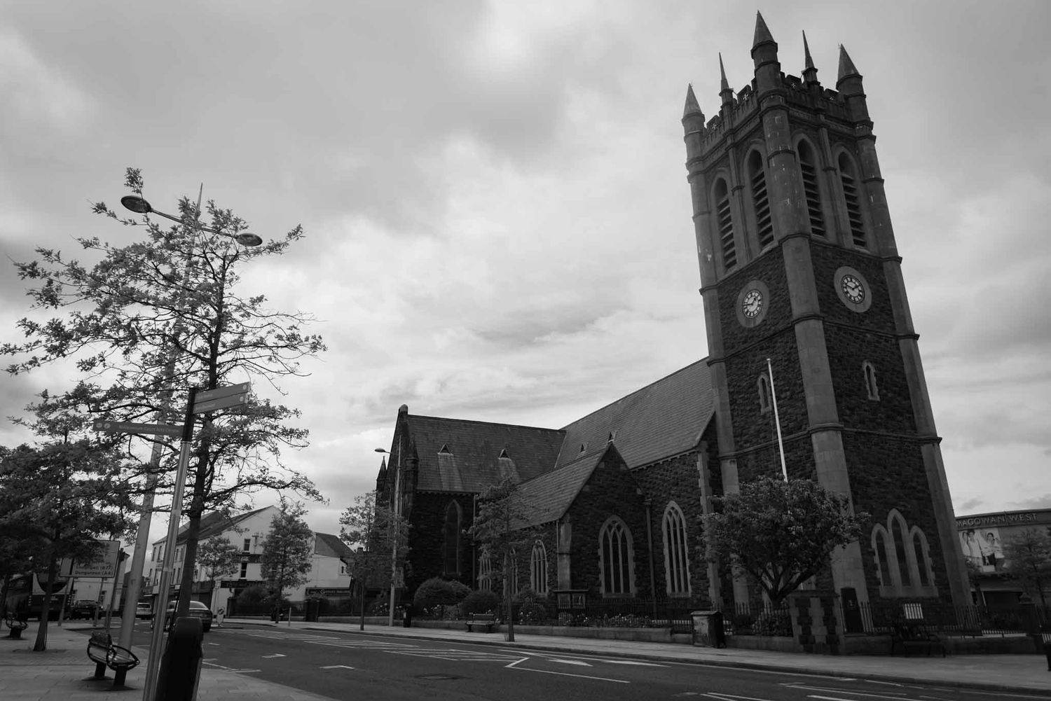 The mono image of St Mark’s Church of Ireland is located at the top of Portadown.