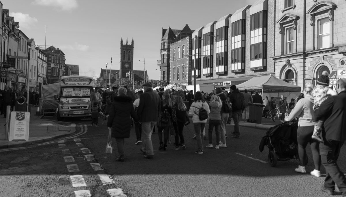 Mono image looking down High Street at St Mark’s Church of Ireland in the distance.