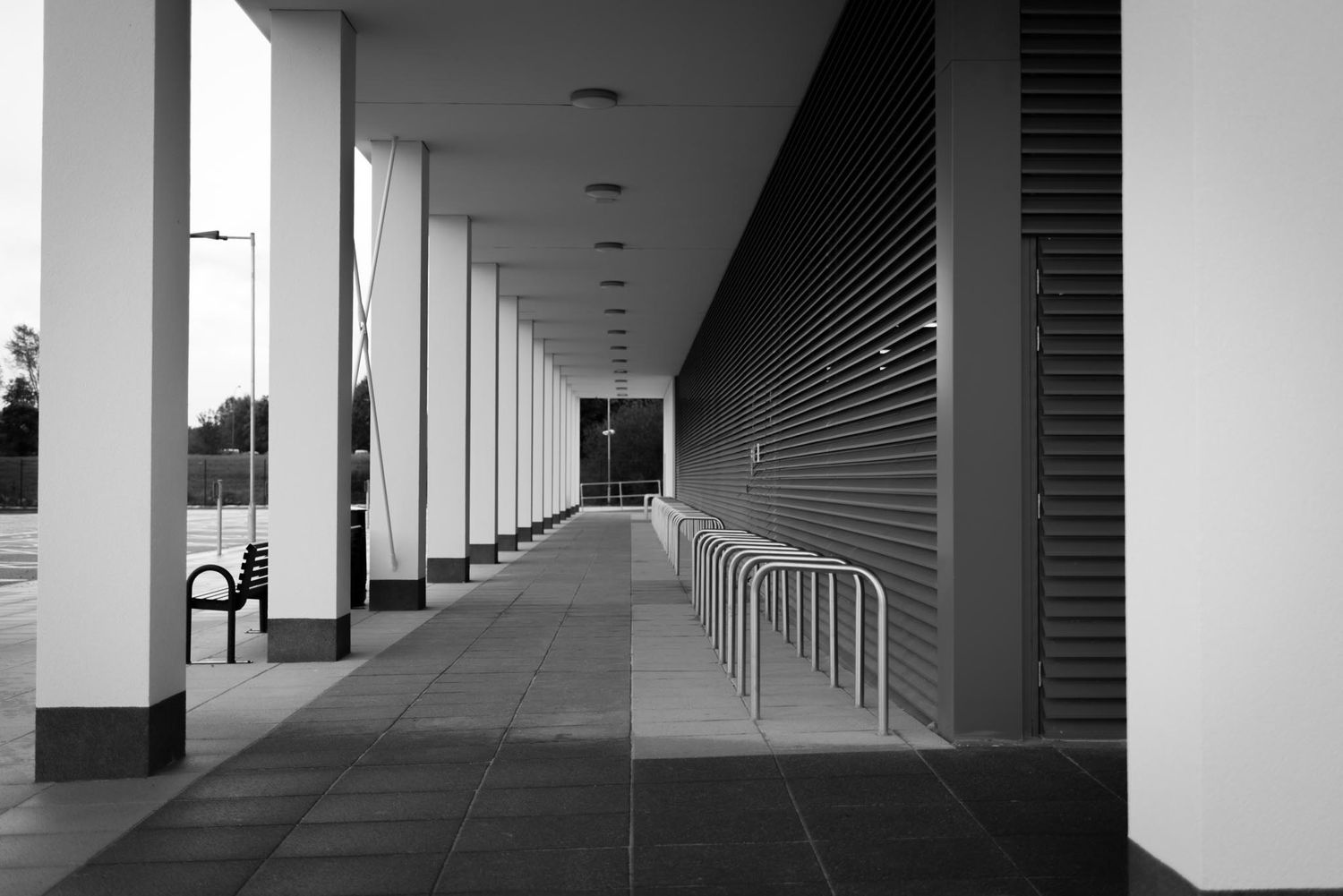 Pillars and the side of the building photographed in mono.