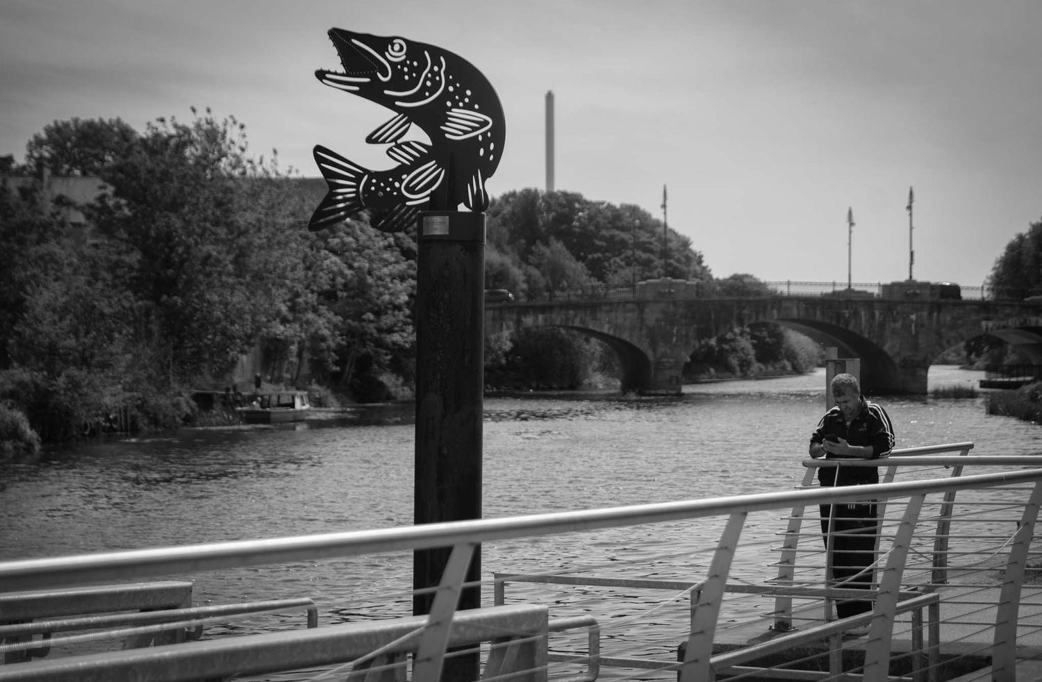 Fish sculpture at the River Bann with the Bann Bridge in the distance.