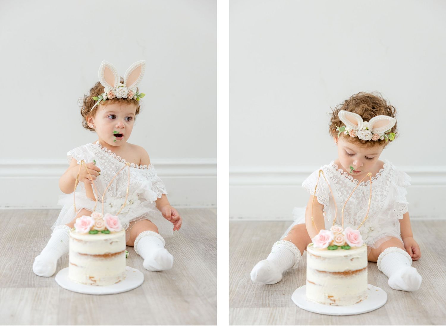 Side by side photos showing reactions to a beautifully decorated spring-themed cake.